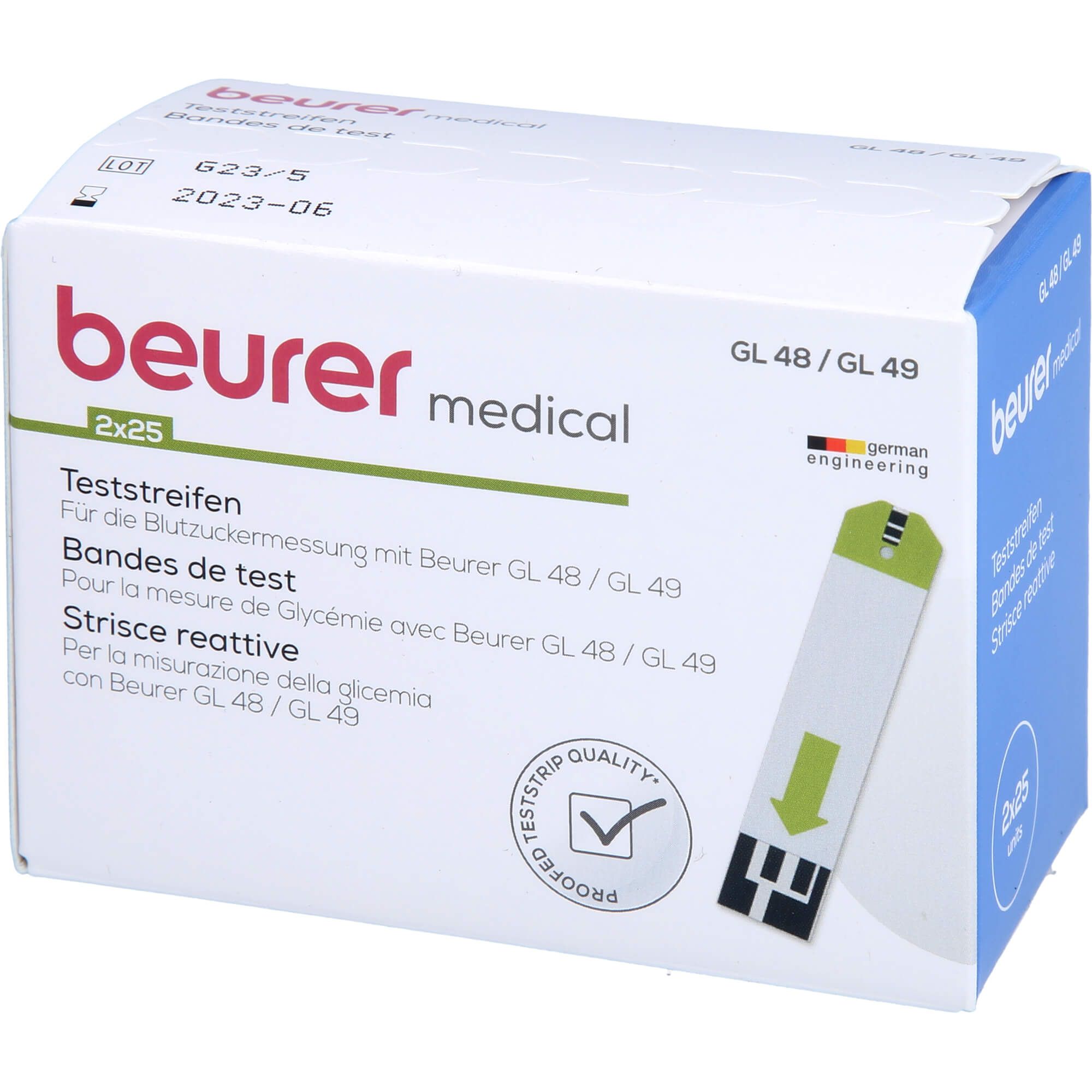 Beurer Teststreifen für GL 48/49, 2x25 Stück. Packung zeigt einen Teststreifen.