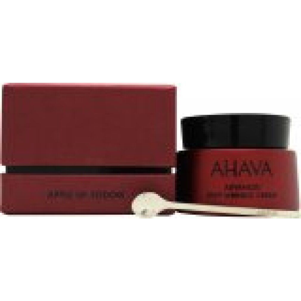 Rote Schachtel und Creme-Dose mit schwarzem Deckel. Aufschrift: AHAVA ADVANCED DEEP WRINKLE CREAM. Mit Spatel.