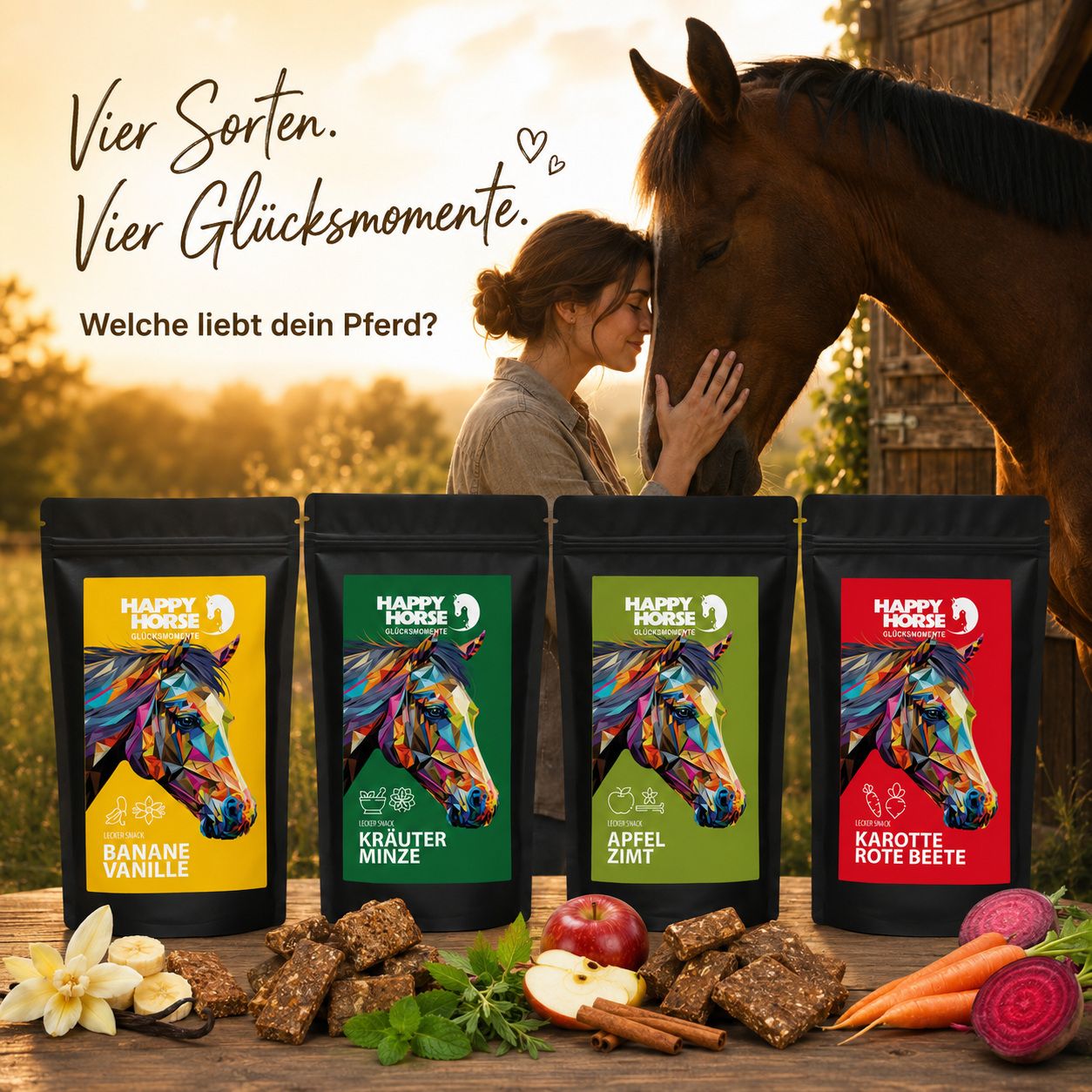 Vier Sorten Happy Horse Lecker Snacks mit bunten Pferdeköpfen auf den Verpackungen: Banane, Kräuter Minze, Apfel Zimt, Karotte Rote Beete.