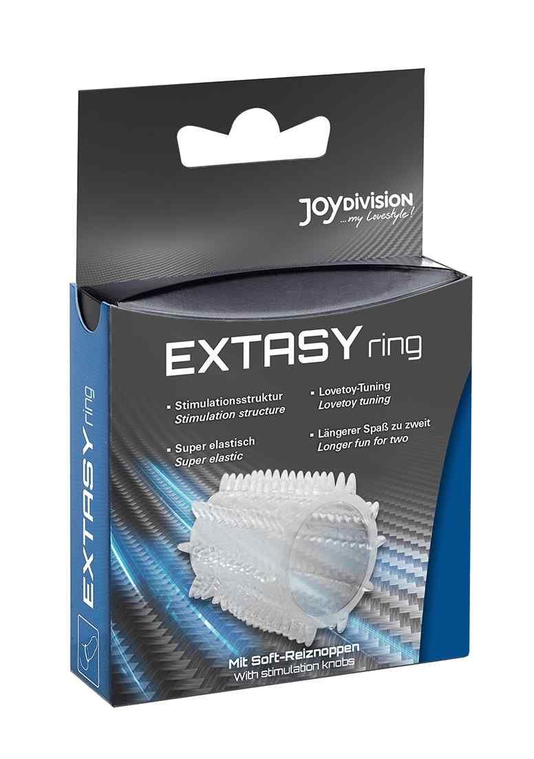Verpackung mit transparentem EXTASYring. Produktname und Marke sichtbar. Text: Stimulationsstruktur, Super elastisch, Lovetoy-Tuning.