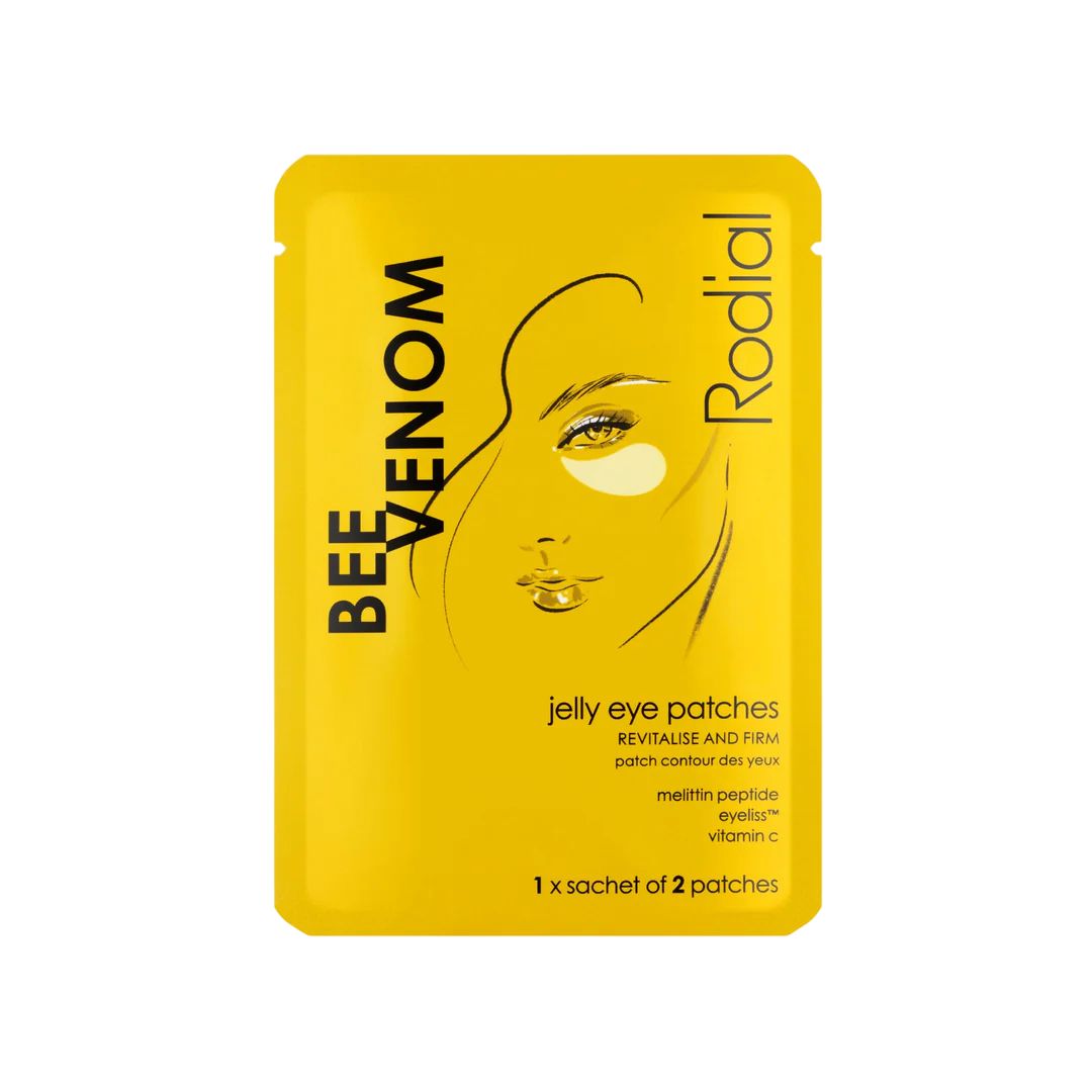 Gelbe Einzelverpackung mit Produktnamen und Illustration. Text: Jelly Eye Patches, 1 Sachet mit 2 Patches.