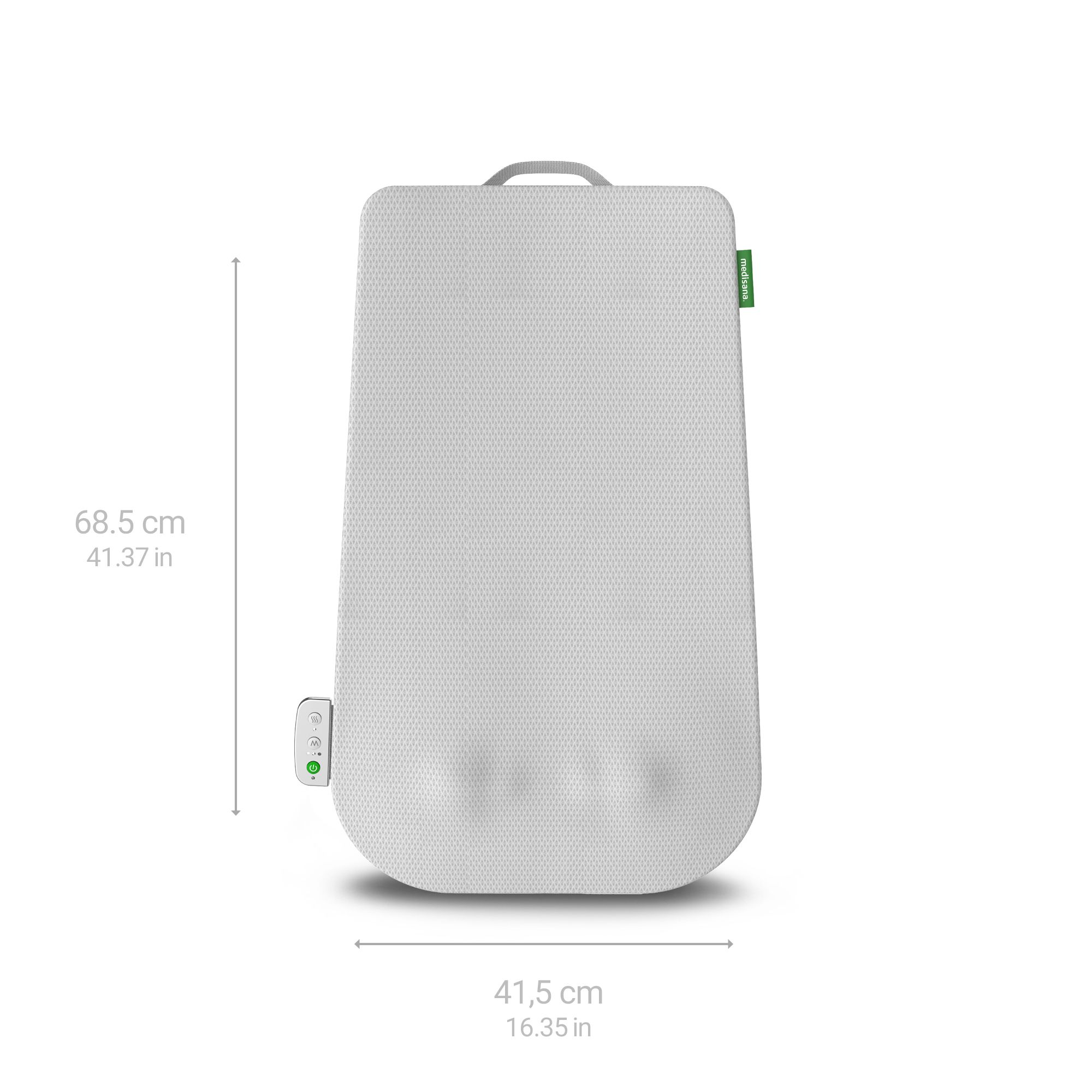 Weiße Massageauflage mit Abmessungen von 68,5 cm Höhe und 41,5 cm Breite. Mit Bedienfeld und Aufhängeschlaufe.