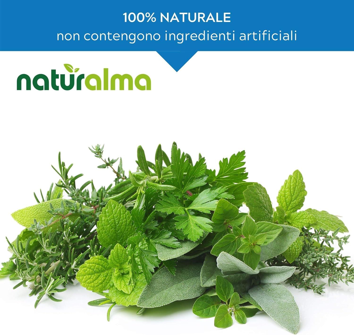 Verschiedene grüne Kräuter. Text: 100% NATURALE, non contengono ingredienti artificiali. Logo Naturalma.