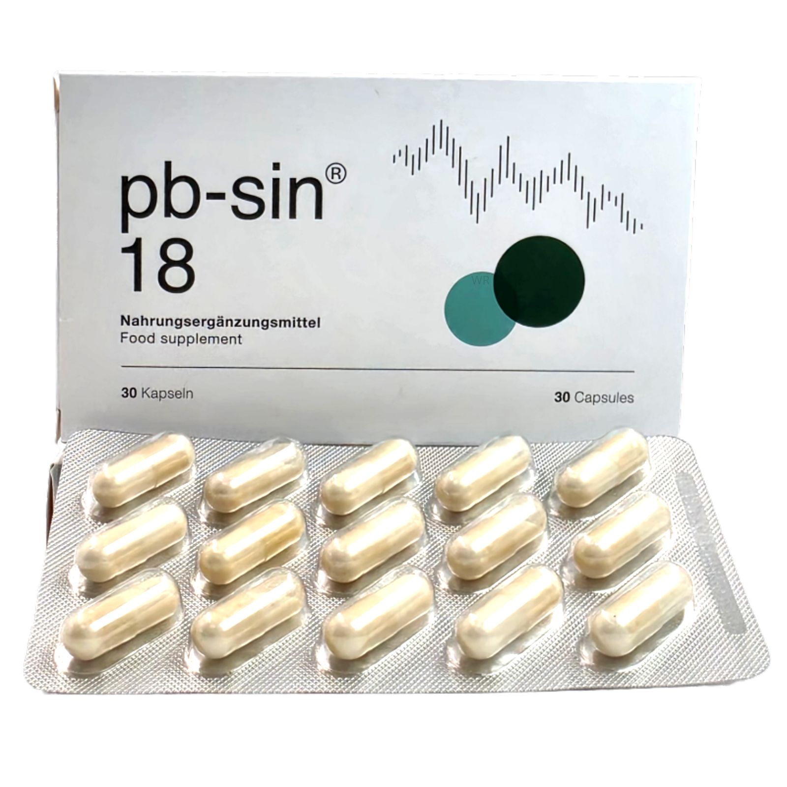 Verpackung und Blisterpackung mit 30 Kapseln pb-sin® 18, Nahrungsergänzungsmittel.
