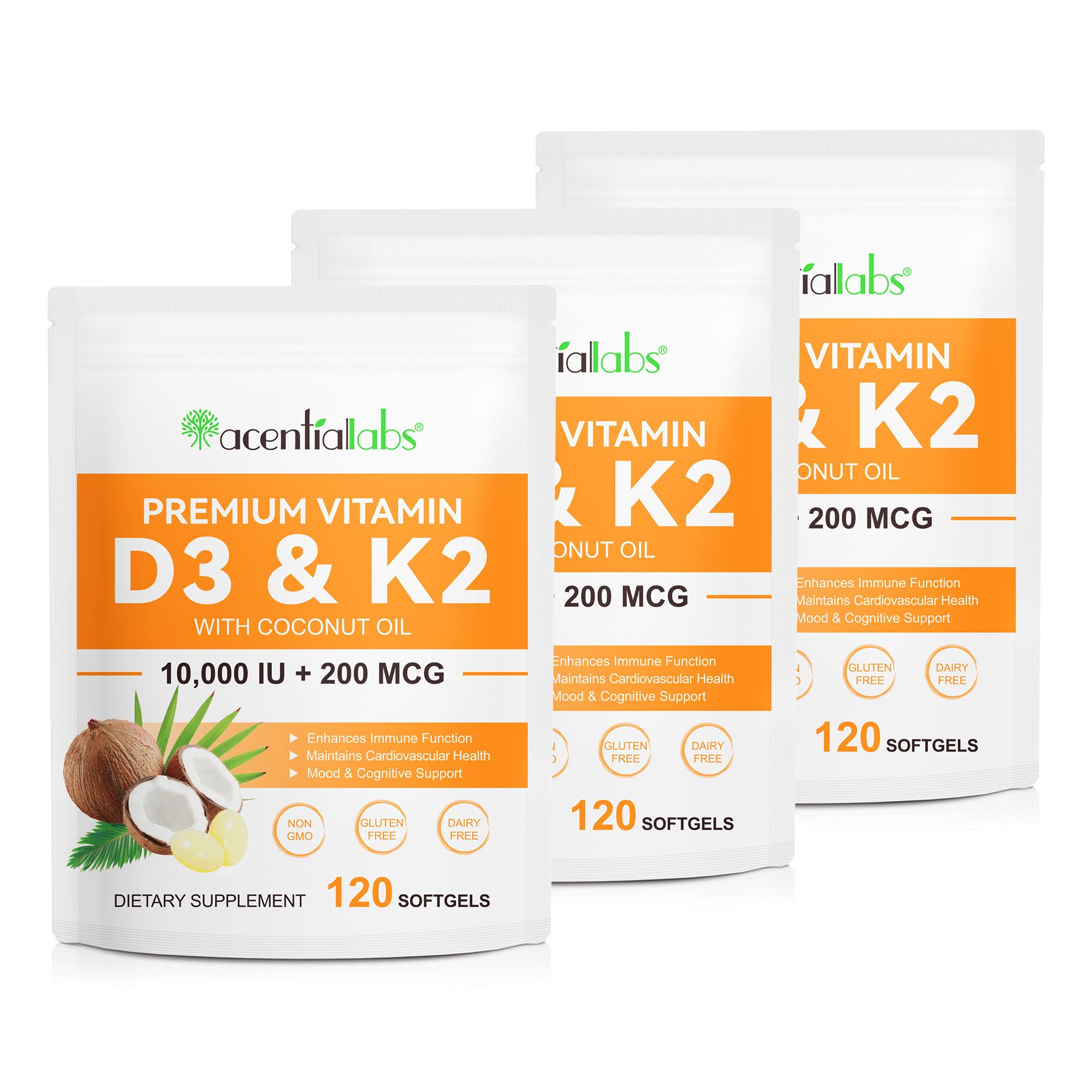Acentiallabs Vitamin D3 + K2 mit 10,000 IE + 200 mcg K2 (MK7) Premium Softgels Softgels