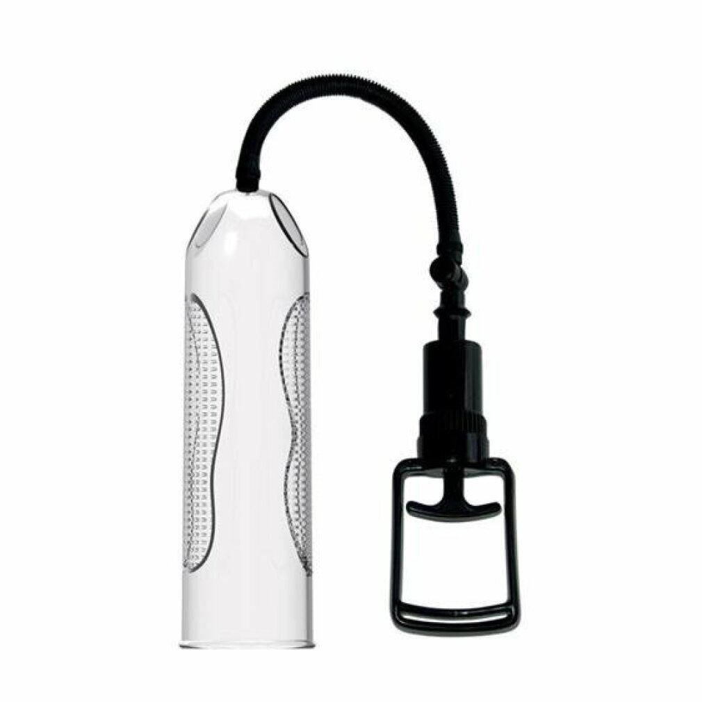 Transparenter Zylinder mit schwarzem Schlauch und Pumpe. Schwarze Pumpe mit Griff.