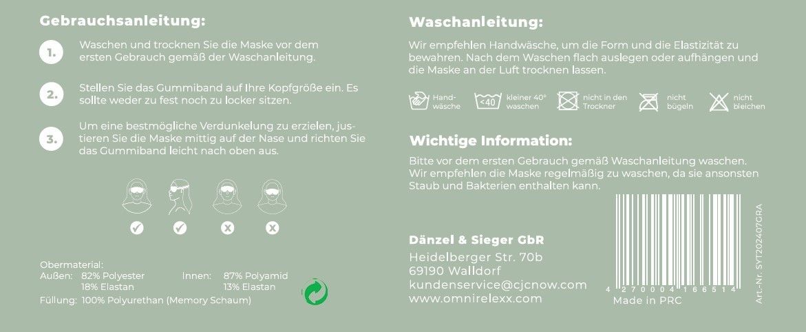 Anleitung auf grünem Hintergrund. Text: Wasch- und Gebrauchsanleitung. Waschsymbole. Materialangaben. Kontaktinformationen.