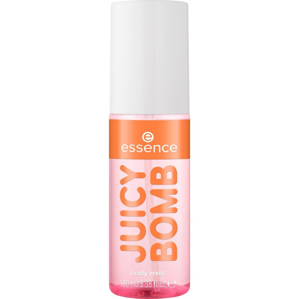 Körpernebel-Sprühflasche. Orangefarbener Streifen mit "essence"-Logo und "JUICY BOMB"-Schriftzug. Rosa Flüssigkeit sichtbar.