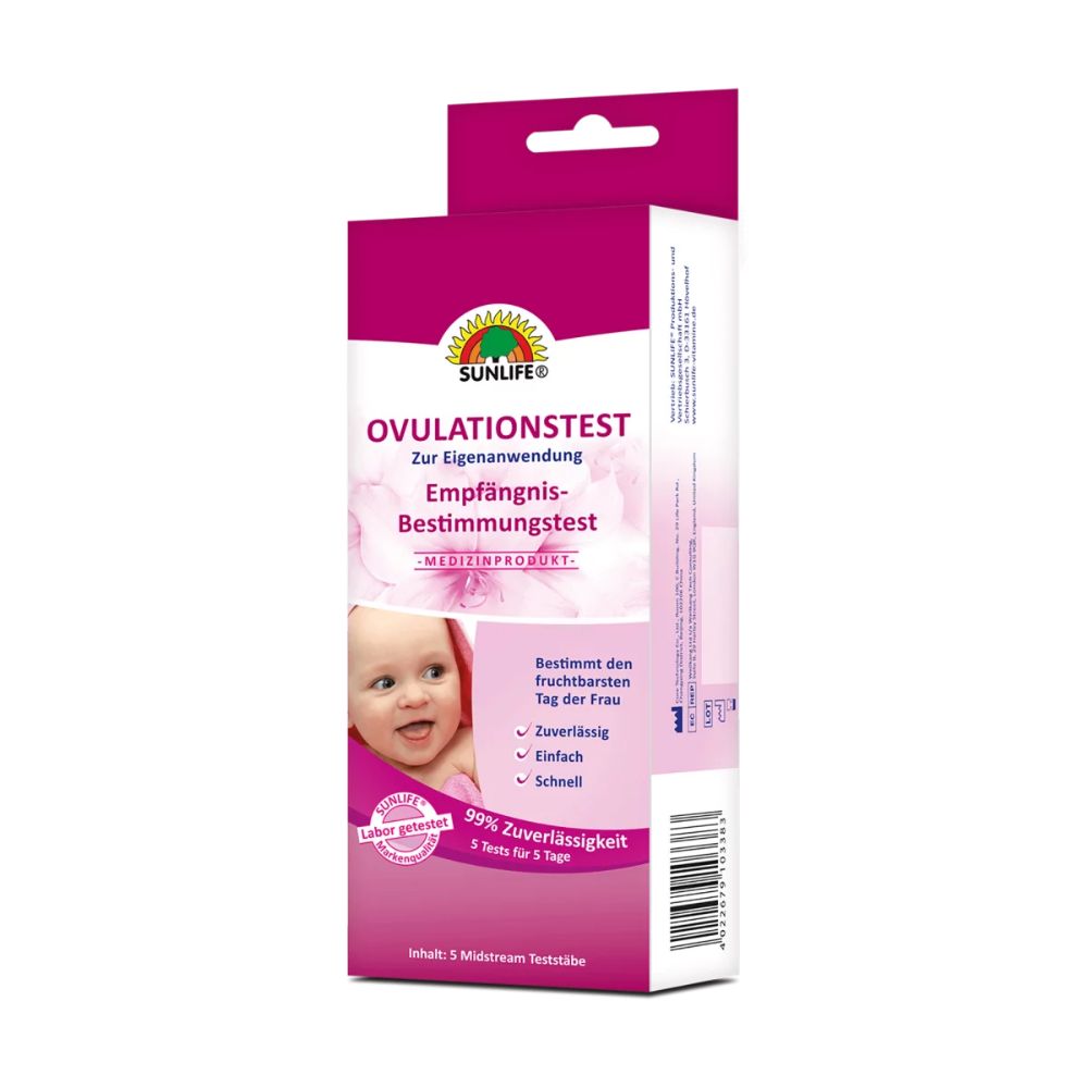 Verpackung von Sunlife Ovulationstest. Rosa-weißes Design mit Produktnamen, Babyfoto und Logos. Enthält 5 Teststäbchen.