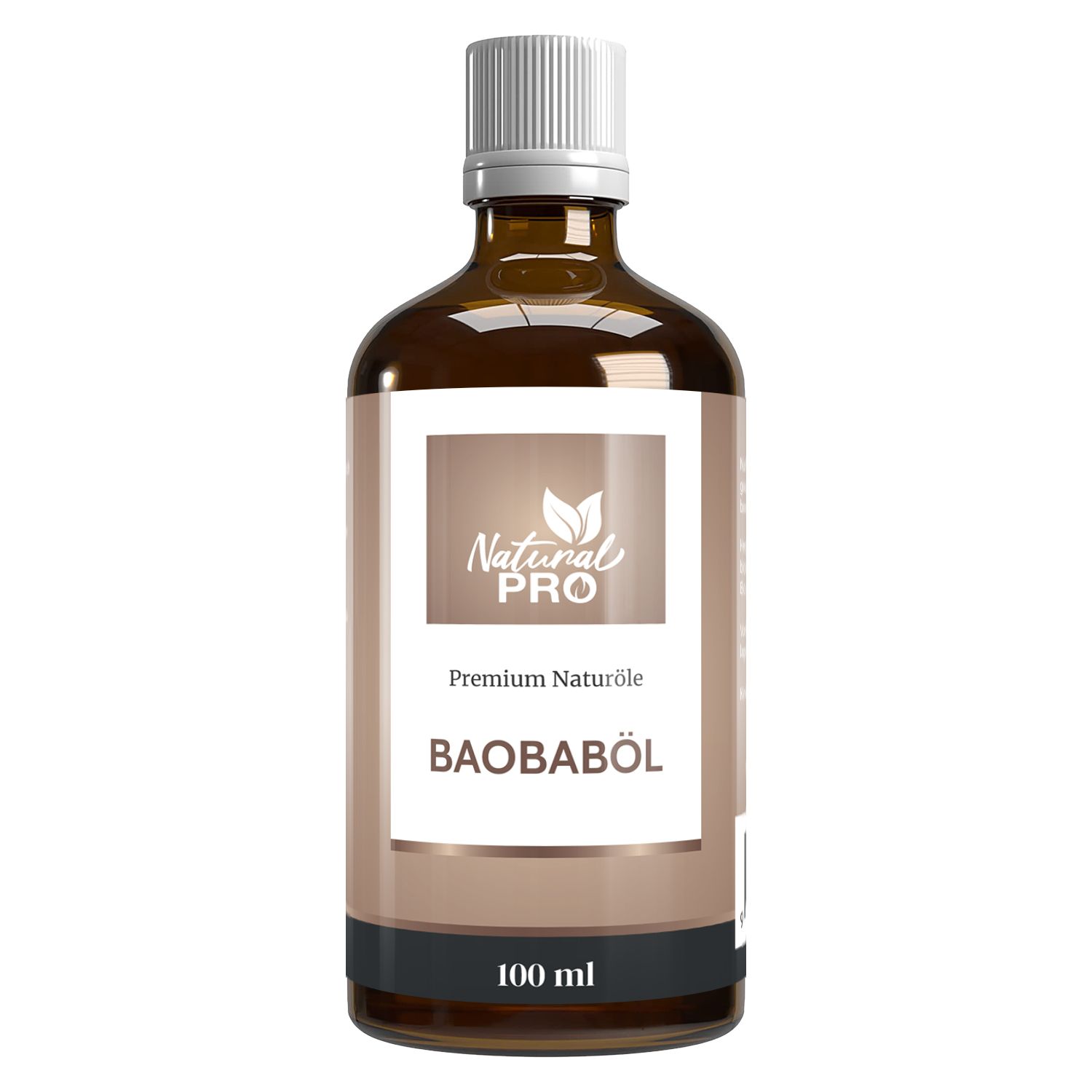 Braune Glasflasche mit weißem Deckel. Etikett mit Produktname Baobaböl und Logo. 100 ml.