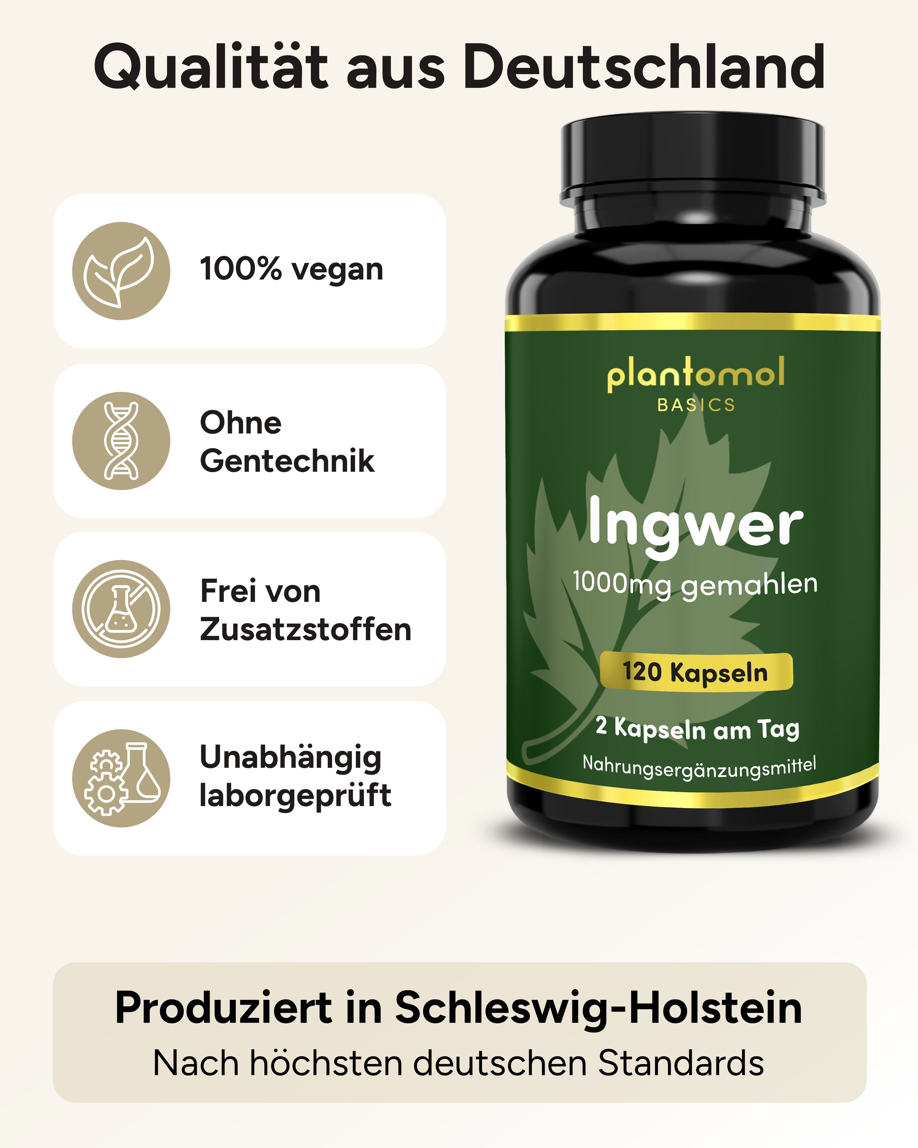 Braune Kapsel-Dose mit Ingwer. Siegel: 100% vegan, ohne Gentechnik.