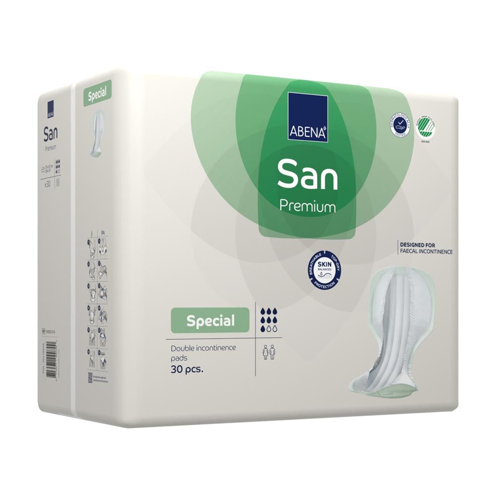 Verpackung mit Inkontinenzeinlagen. Aufschrift: Abena San Premium Special. 30 Stück. Mit Zertifizierungen und Piktogrammen.