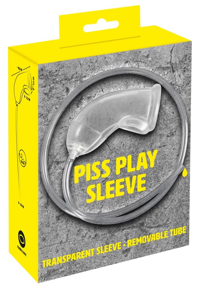 Verpackung mit Produktabbildung. Text: PISS PLAY SLEEVE, TRANSPARENT SLEEVE + REMOVABLE TUBE.