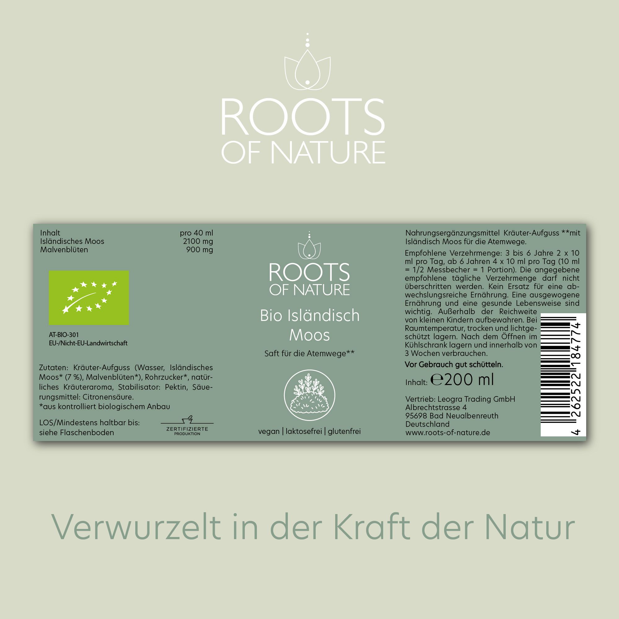 Etikett mit Text: ROOTS OF NATURE, Bio Isländisch Moos. Enthält Inhaltsstoffe. EU-Bio-Logo. Text: Verurzelt in der Kraft der Natur.
