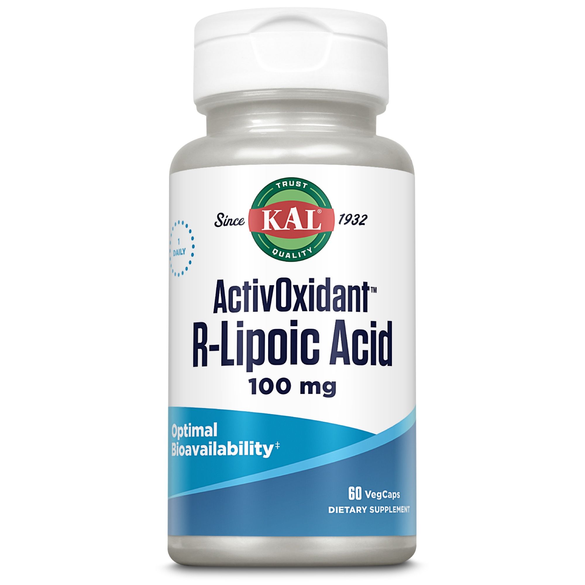 Weißes Fläschchen mit Kapseln. Aufschrift: ActivOxidant R-Lipoic Acid 100 mg. 60 VegCaps. Blaues Etikett.