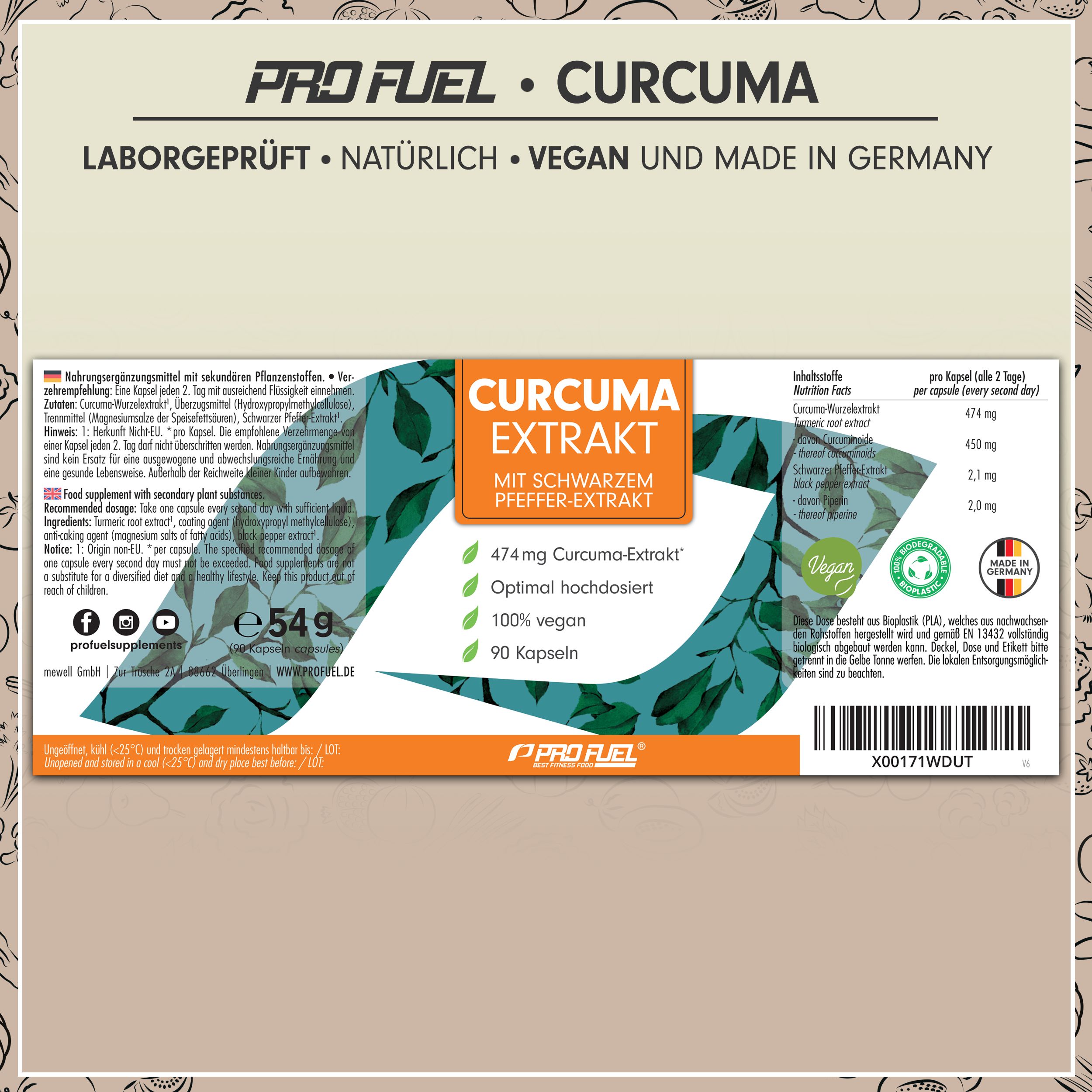 Produktverpackung. Aufschrift: CURCUMA Extrakt mit schwarzem Pfeffer-Extrakt. 474mg Curcuma Extrakt, 90 Kapseln. Logo: ProFuel.