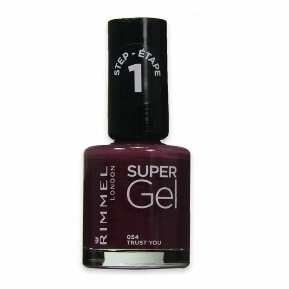 Nagellackflasche mit schwarzem Deckel. Aufschrift 'SUPER Gel' und 'RIMMEL LONDON'. Farbe: Dunkelrot.
