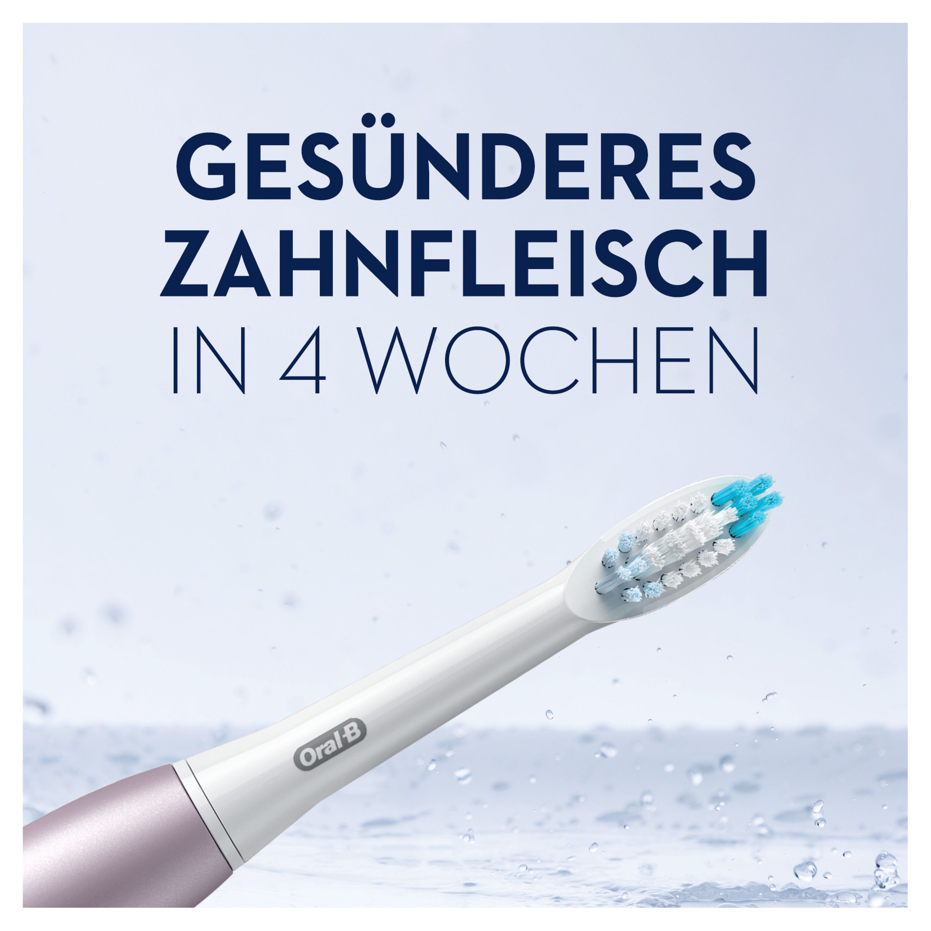 Zahnbürstenkopf mit Text: Gesünderes Zahnfleisch in 4 Wochen. Oral-B Logo. Nahaufnahme.