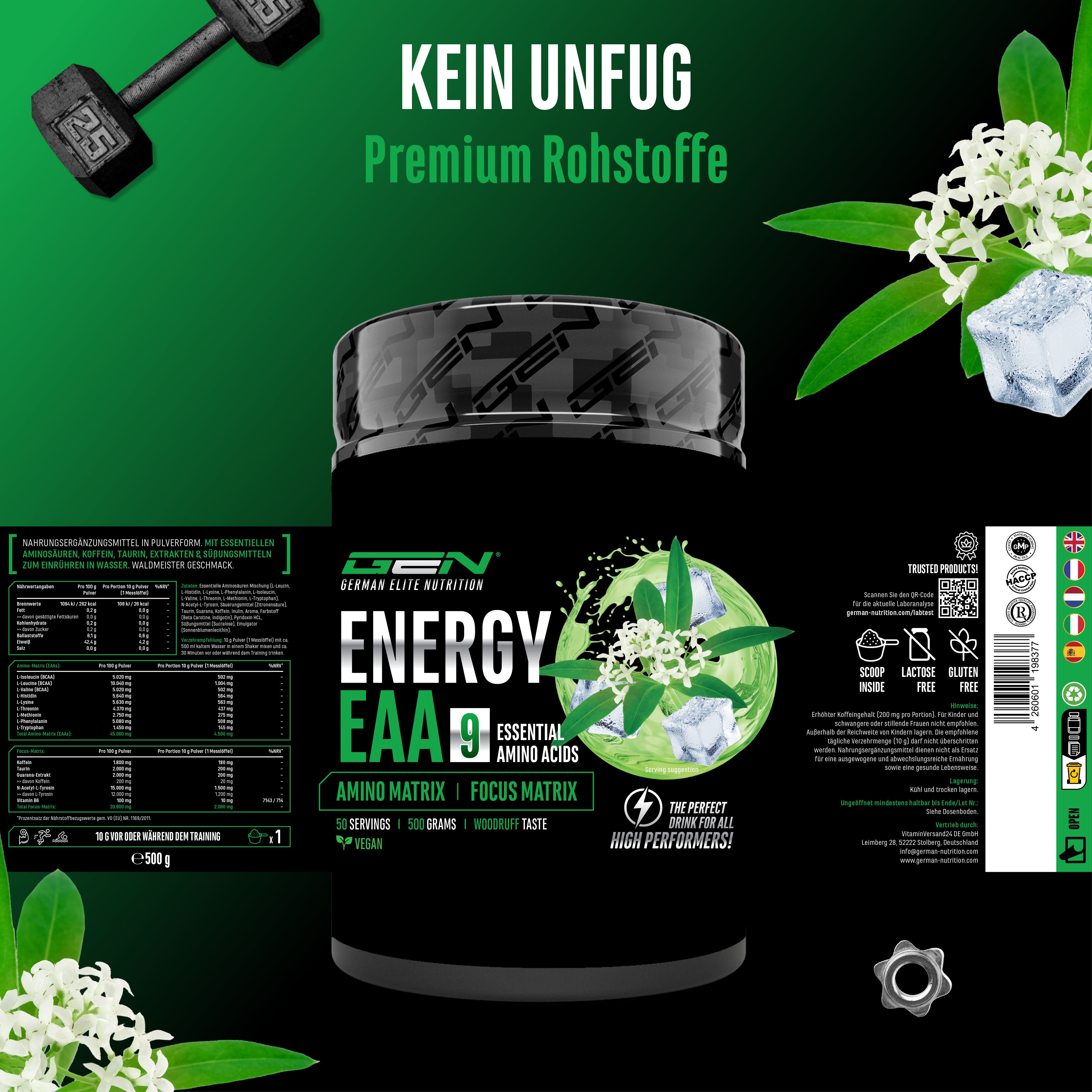 Schwarze Dose mit GEN Energy EAA 9. Enthält 50 Portionen, 500 Gramm. Vegan. Mit Nährwerttabelle und Zertifizierungen.