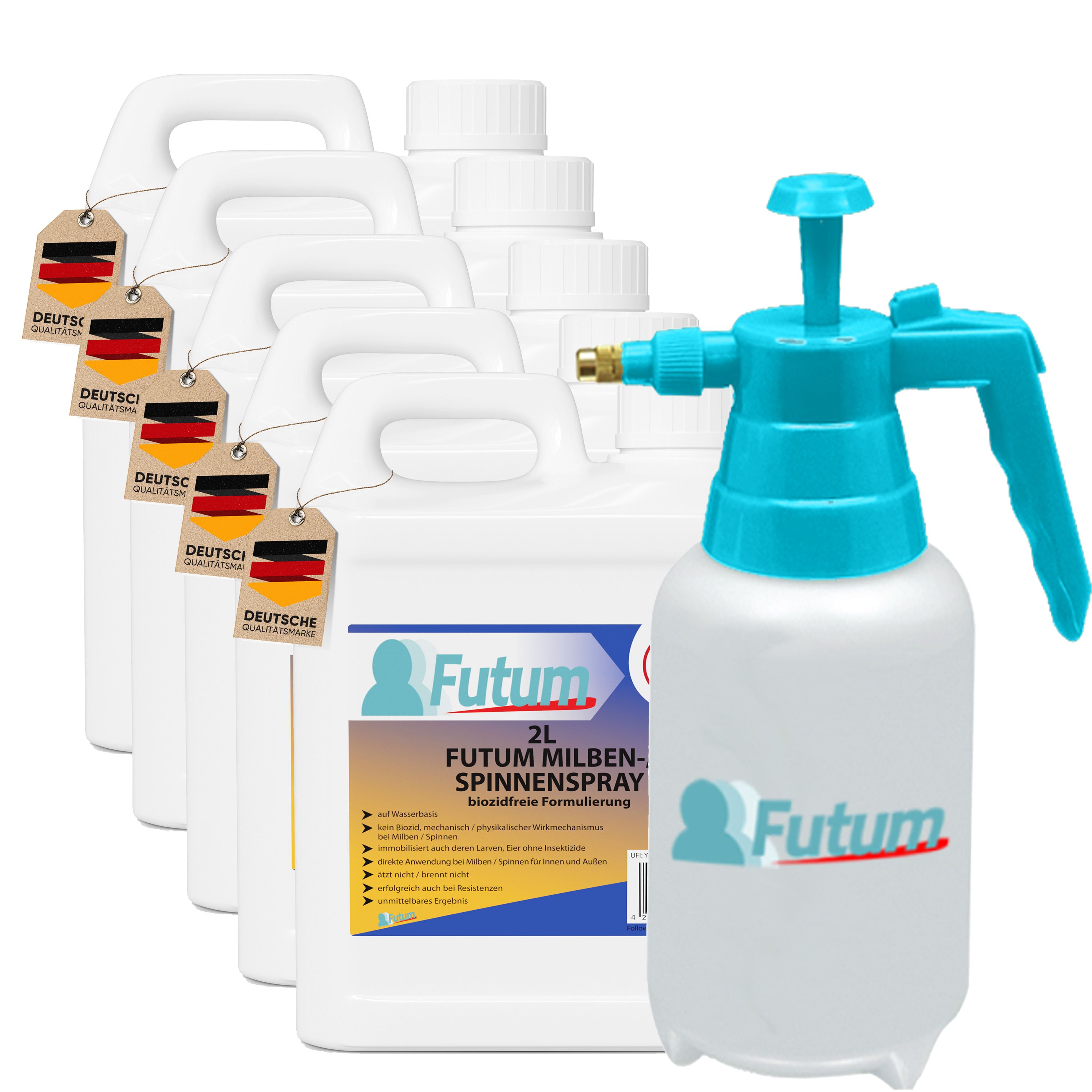 Fünf weiße Kanister mit Griffen und Etiketten, dazu ein Sprüher. Etiketten mit "FUTUM Milben- / Spinnenspray".