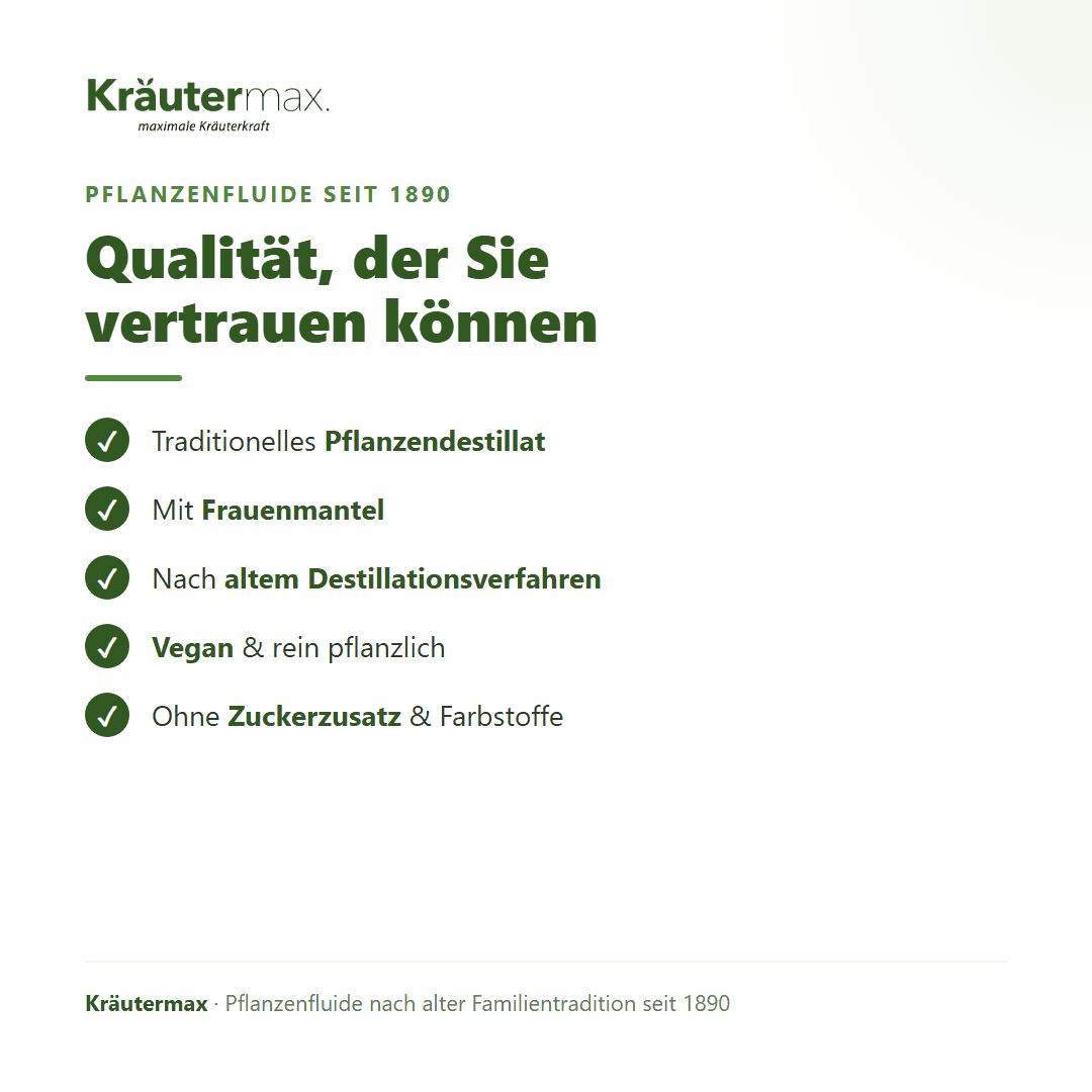 Liste: Traditionelles Pflanzendestillat, Mit Frauenmantel, Nach altem Destillationsverfahren, Vegan, Ohne Zusatzstoffe.