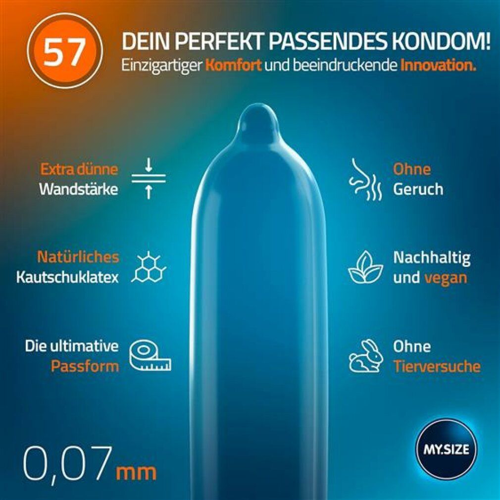 Blauer Kondom mit Aufdrucken. Zeigt Eigenschaften wie dünne Wandstärke, ohne Geruch, vegan, ohne Tierversuche. Größe 57.