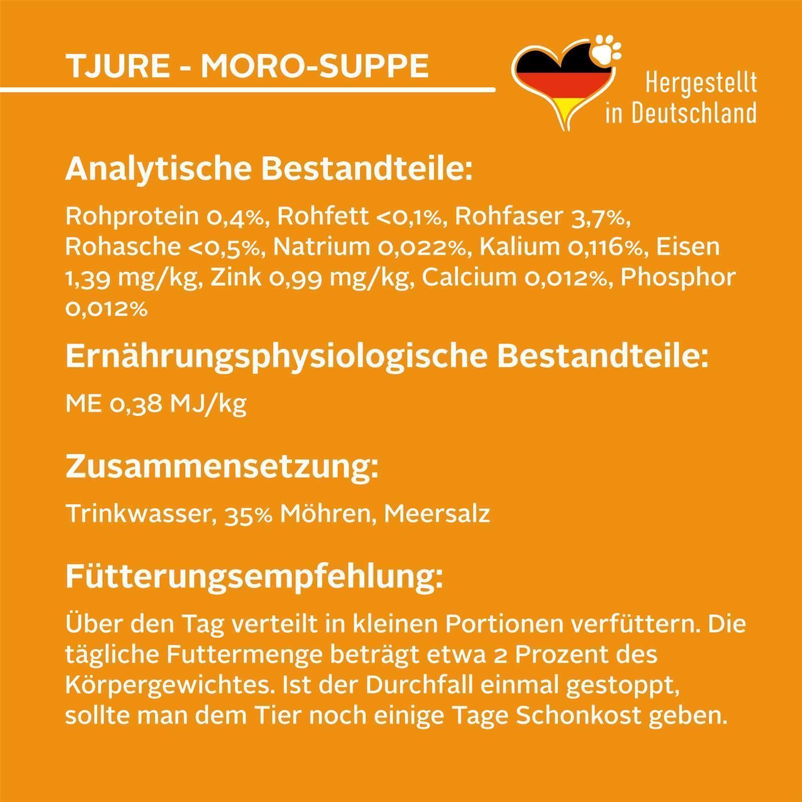 Orangefarbene Produktinformationen. Text: Tjure Moro-Suppe, analytische Bestandteile, Zusammensetzung, Fütterungsempfehlung. Herz-Logo mit Flagge.