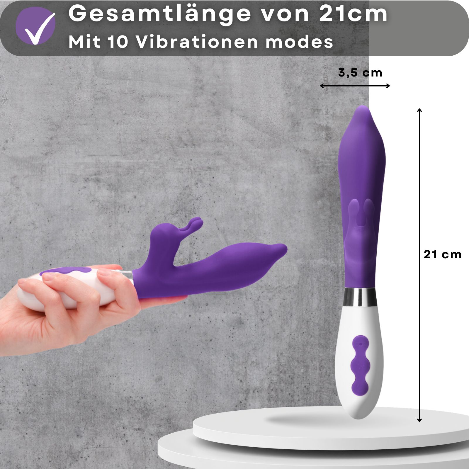 Lila-weißer Vibrator mit Hasenohren. Aus Silikon und ABS-Kunststoff. 21 cm lang, 3,5 cm Durchmesser. 10 Vibrationsmodi. USB-Aufladung.