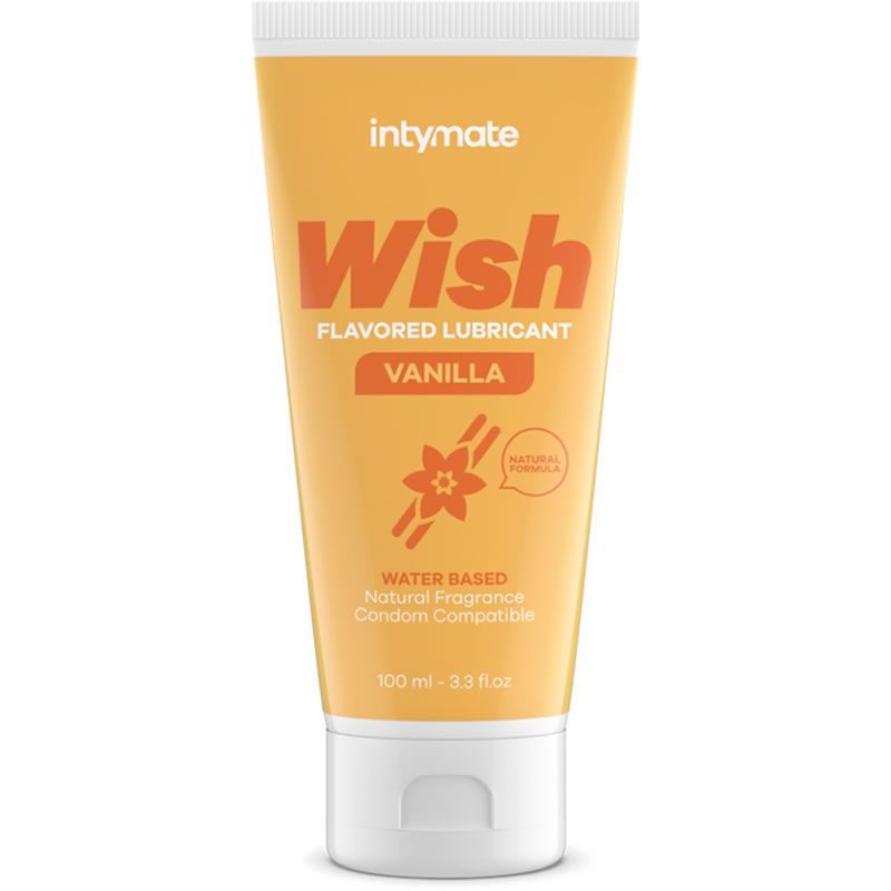Tube mit Produktnamen Wish, Vanille-Geschmack. Aufschrift: Water Based, Natural Fragrance, Condom Compatible. Mit Logo und Inhaltsangabe.