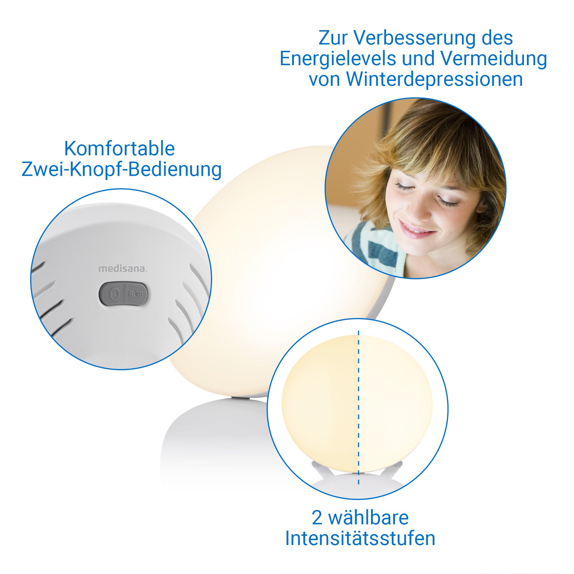 Tageslichtlampe mit zwei Knöpfen und medisana Logo. Frau im Licht.