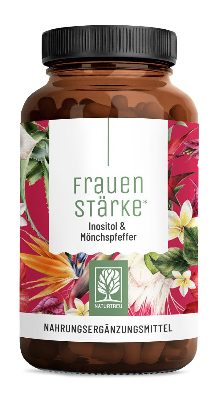 Braune Flasche mit schwarzem Deckel. Weißes Etikett mit floralem Muster und Text: Frauen Stärke, Inositol & Mönchspfeffer, NATURTREU®.