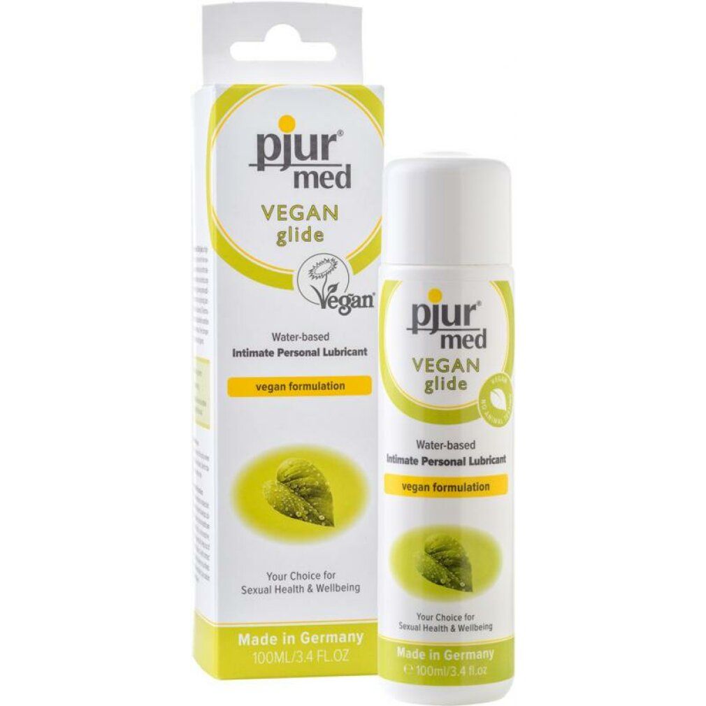 pjur med Vegan Glide Gleitmittel mit Verpackung. Aufschrift: VEGAN glide, Wasserbasiert, vegane Formulierung. Flasche und Verpackung.