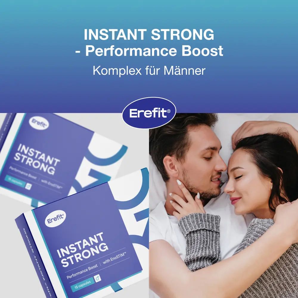 Zwei Produktverpackungen mit Aufschrift INSTANT STRONG - Performance Boost. Paar liegt im Bett. Produktname: Erefit.