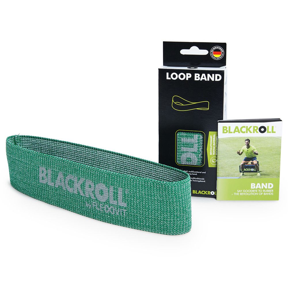 Grünes BLACKROLL Loop Band. Schwarze Verpackung mit Loop Band-Abbildung. Kleine Box mit Person.