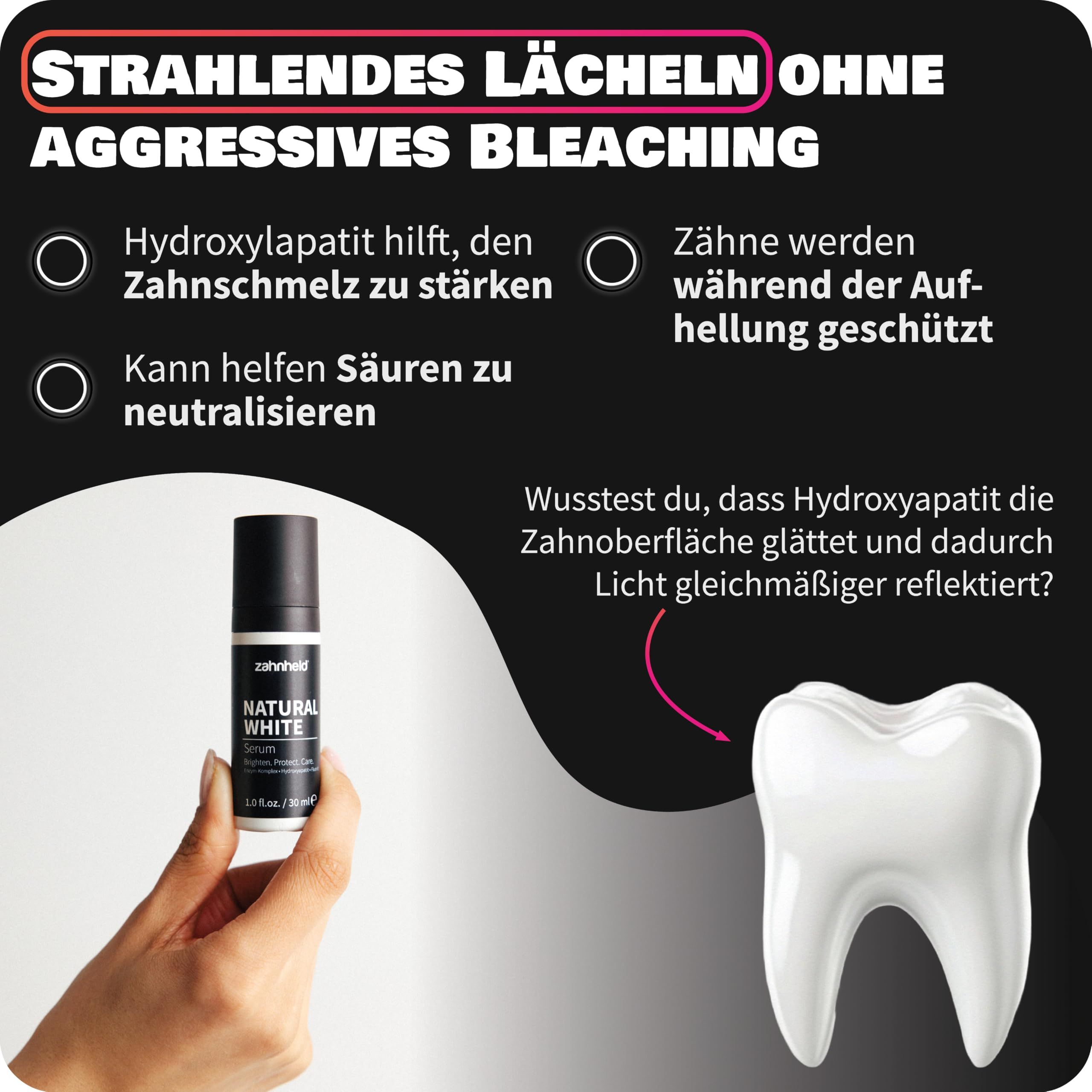 Hand hält Zahnheld Natural White Serum Flasche neben einem Zahn.