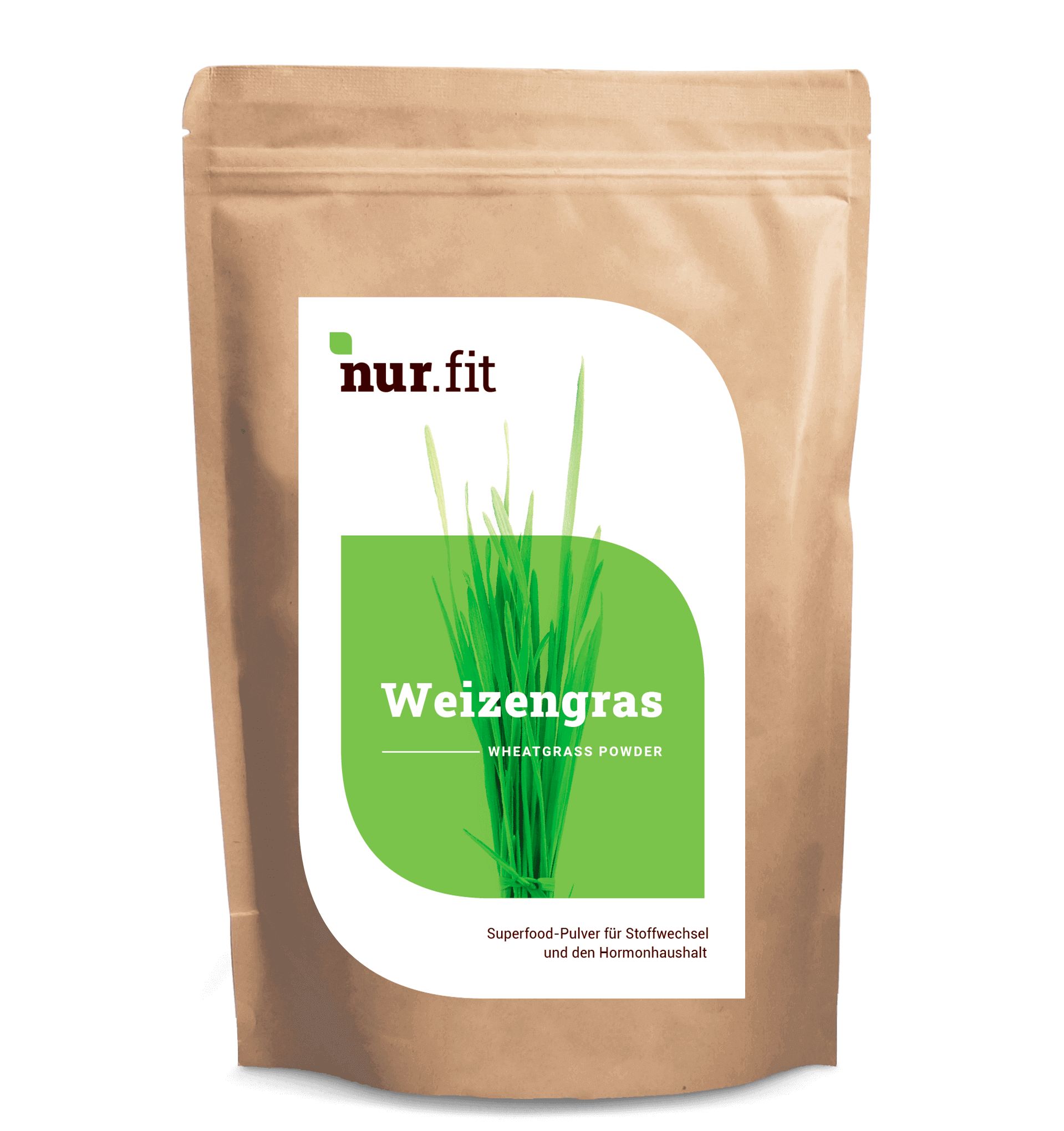 Beutel mit Weizengras Pulver. Aufdruck mit Logo, Produktname und Abbildung von Weizengras.