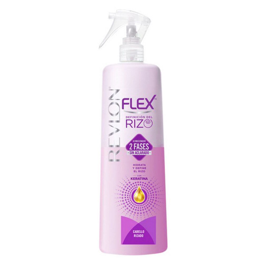Revlon Flex Haarspray, rosa Flasche mit Sprühkopf. Aufschrift: Flex, 2 Phasen, Keratin. Für lockiges Haar.
