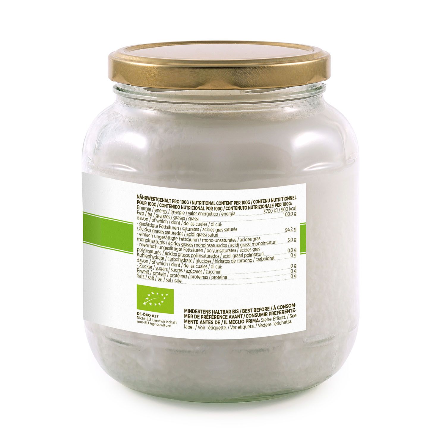 Glasbehälter mit Kokosöl. Etikett mit Nährwertangaben und Bio-Siegel. Goldfarbener Deckel.