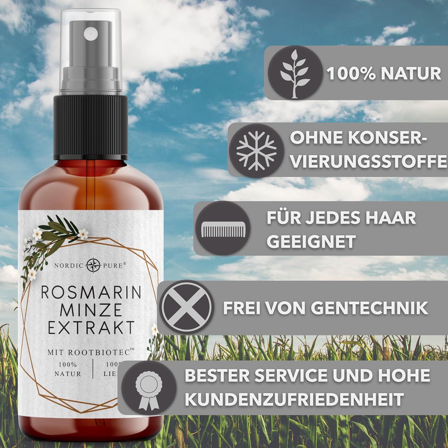 Braune Sprühflasche mit Text: Rosmarin Minze Extrakt, Nordic Pure Logo. Text: 100% Natur, ohne Konservierungsstoffe, für jedes Haar geeignet.