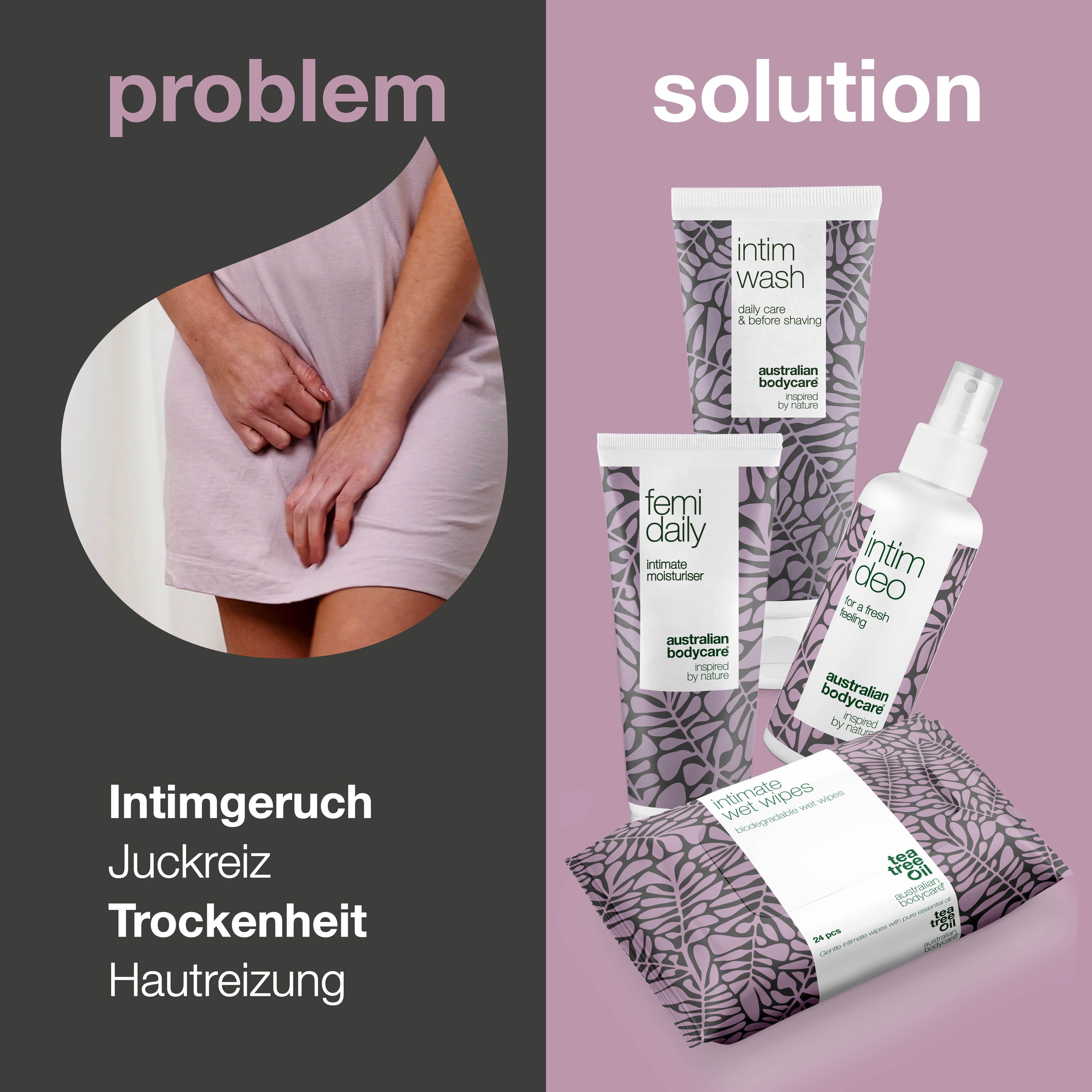 Vergleich von Problemen und Lösungen. Produkte zur Intimpflege. Text: Intimgeruch, Juckreiz, Trockenheit, Hautreizung.