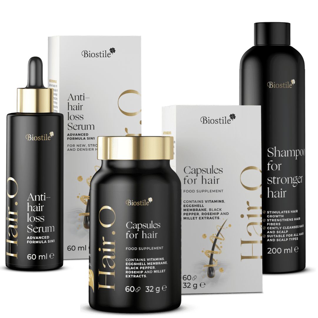 Biostile Hair.O Set: Serum, Kapseln und Shampoo mit Verpackungen. Enthält Vitamine, Biotin, Zink.