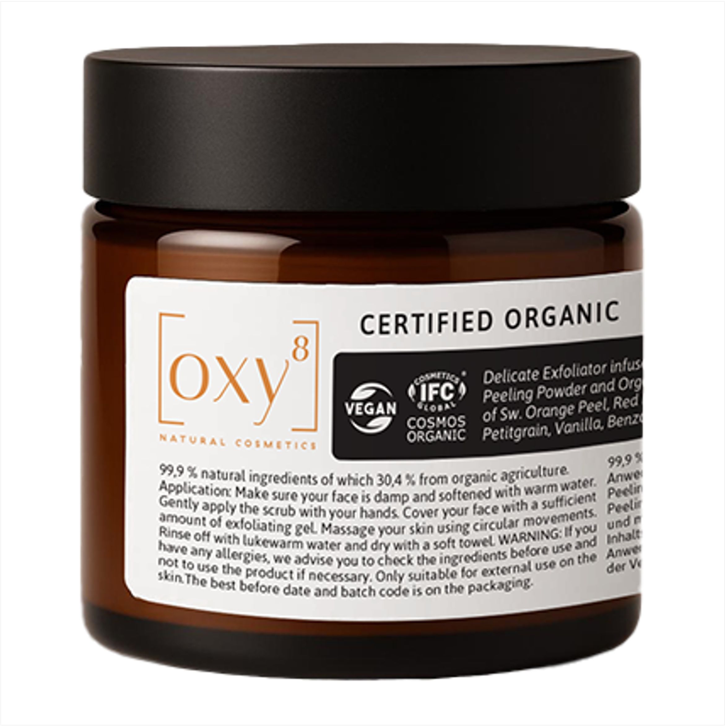 Braune Glasdose mit schwarzem Deckel. Aufkleber mit Produktinformationen und Logo von oxy8 Naturkosmetik.