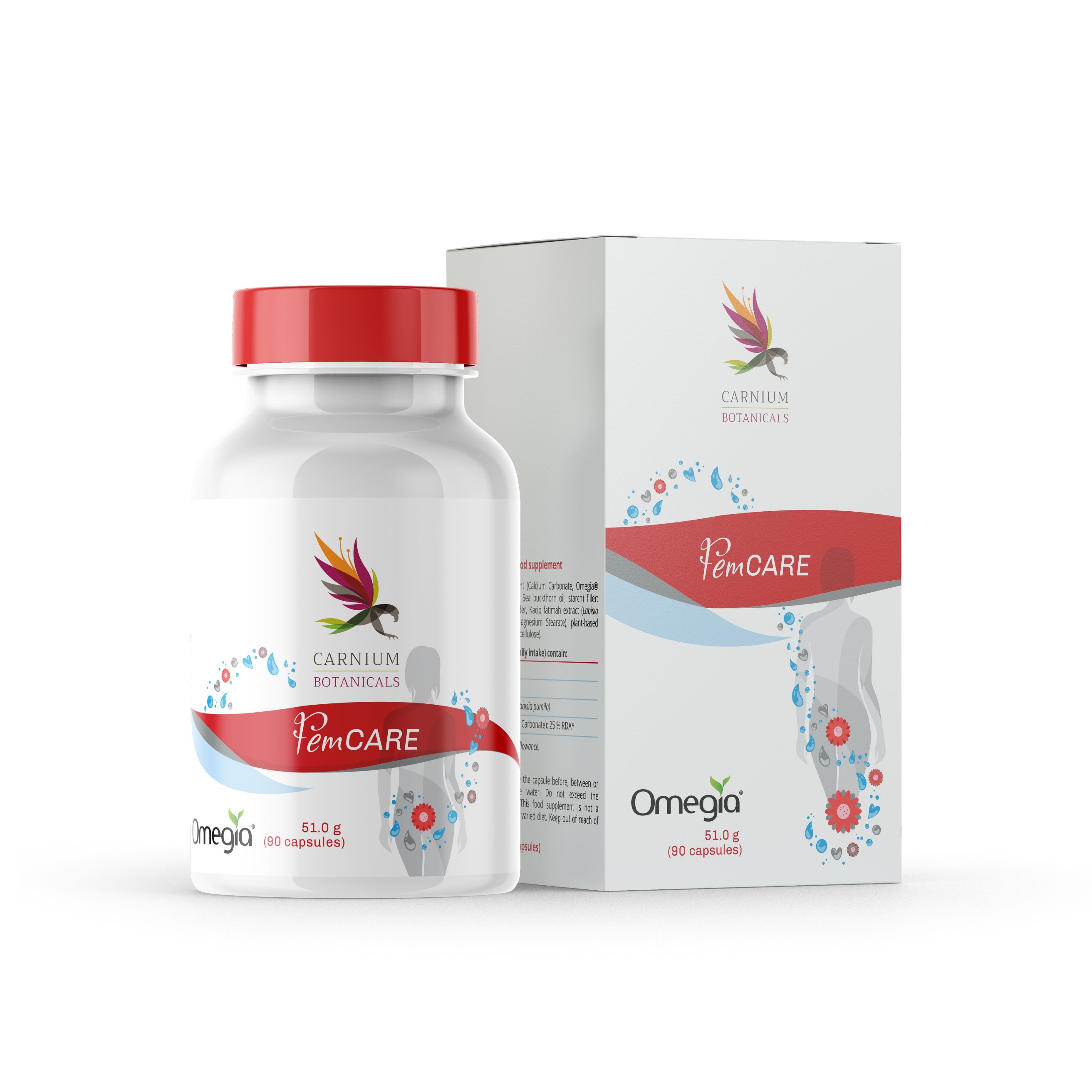 Weiße Flasche mit rotem Deckel und Verpackung. Aufschrift: Carnium Botanicals FemCare. Abbildung einer Frau.