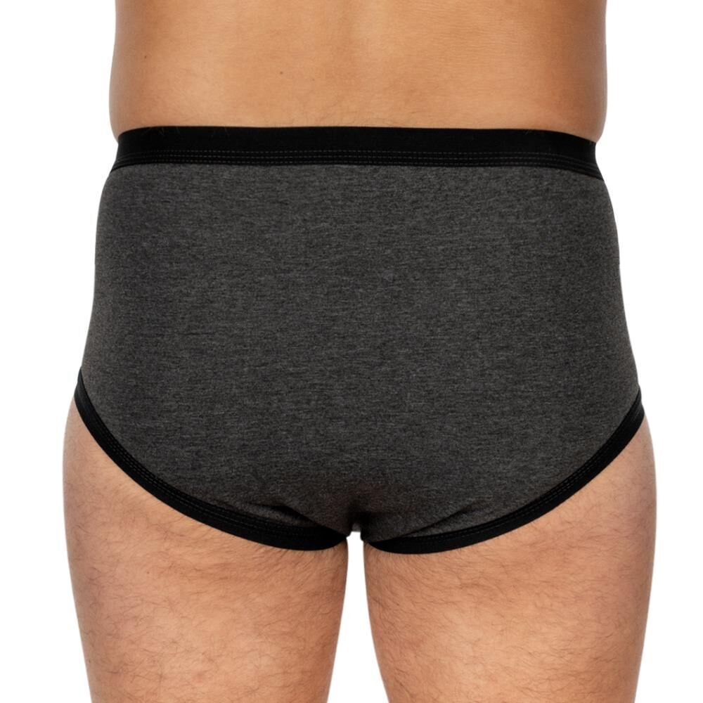 Grauer Herren Slip mit schwarzem Bund und Beinabschluss. Rückansicht, Mann im Bild.