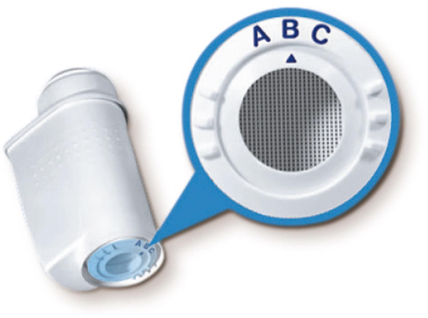 Wasserfilter mit Detailansicht. Filter mit kreisförmigem Element und Buchstaben A, B, C. Blaue Markierung.