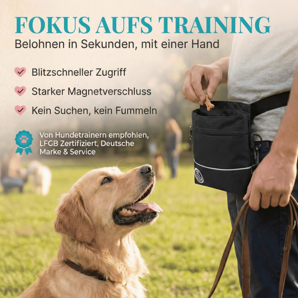 Person hält Leckerlietasche am Gürtel. Text: Fokus aufs Training, Blitzschneller Zugriff, Starker Magnetverschluss. Hund schaut auf.