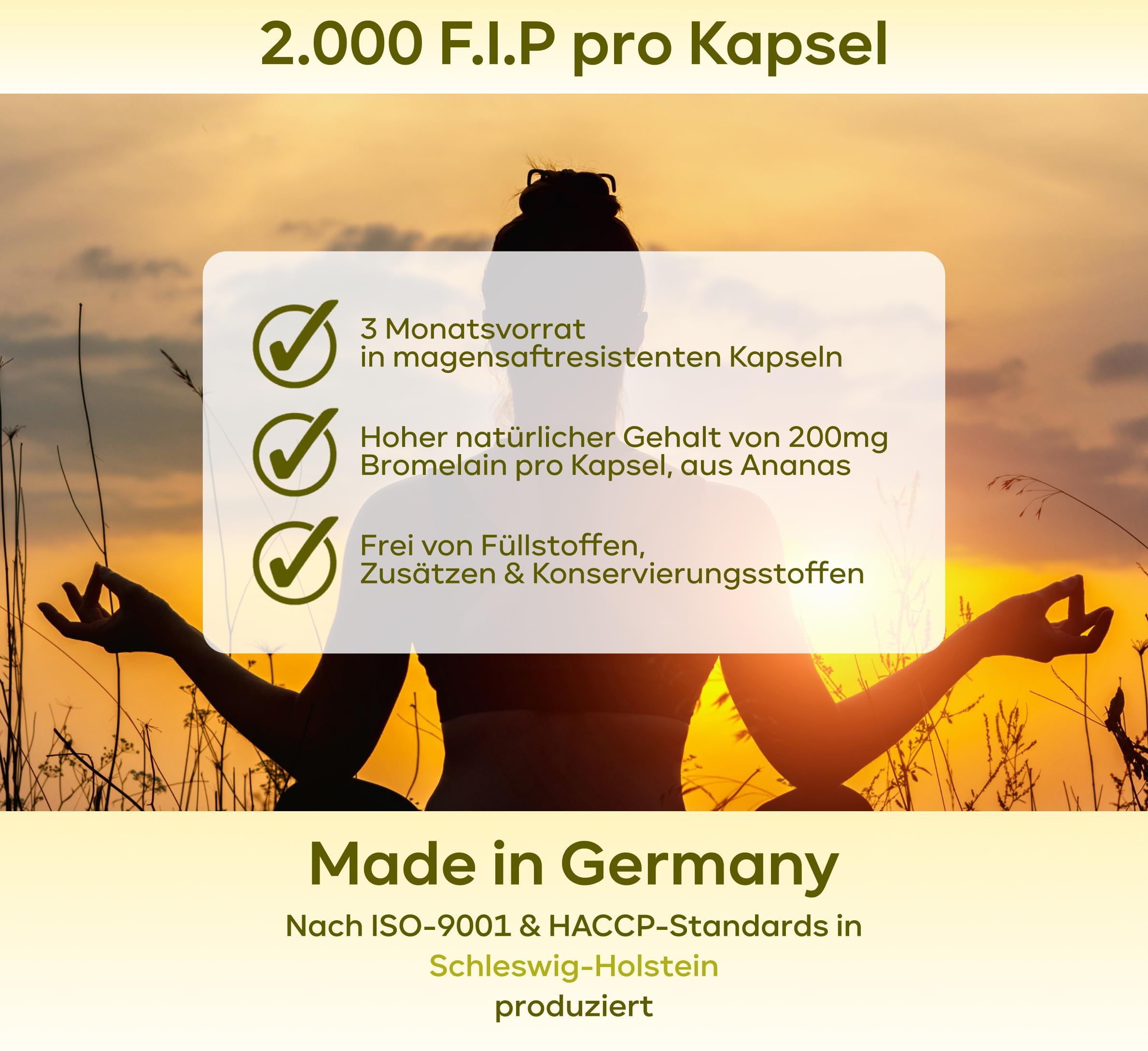Person in Yoga-Pose vor Sonnenuntergang. Text: 2.000 F.I.P pro Kapsel, 3 Monatsvorrat, 200mg Bromelain, Made in Germany.