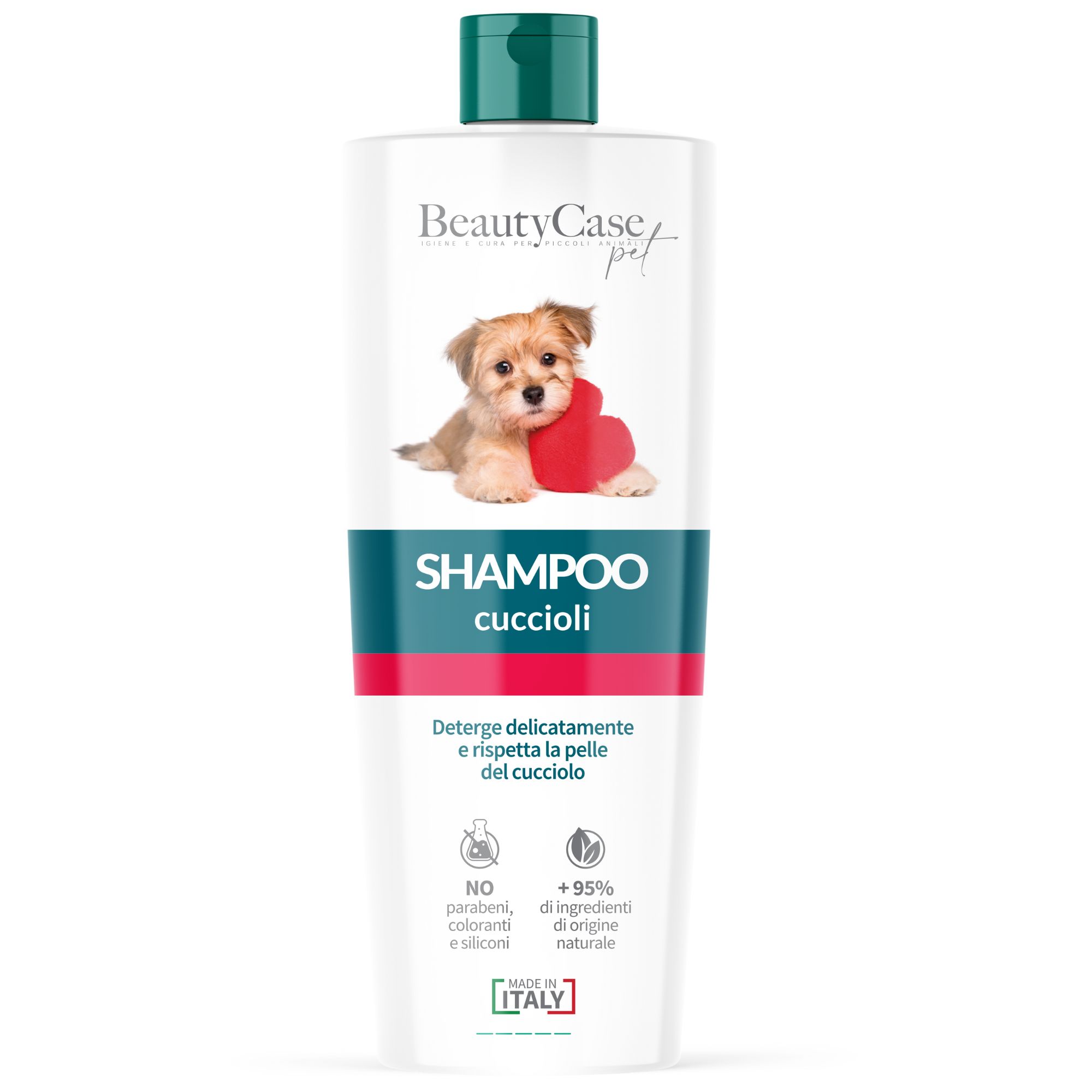 Hundeshampoo-Flasche mit Welpen-Illustration. Text: Shampoo Cuccioli. Enthält keine Parabene, Silikone und Farbstoffe. Hergestellt in Italien.