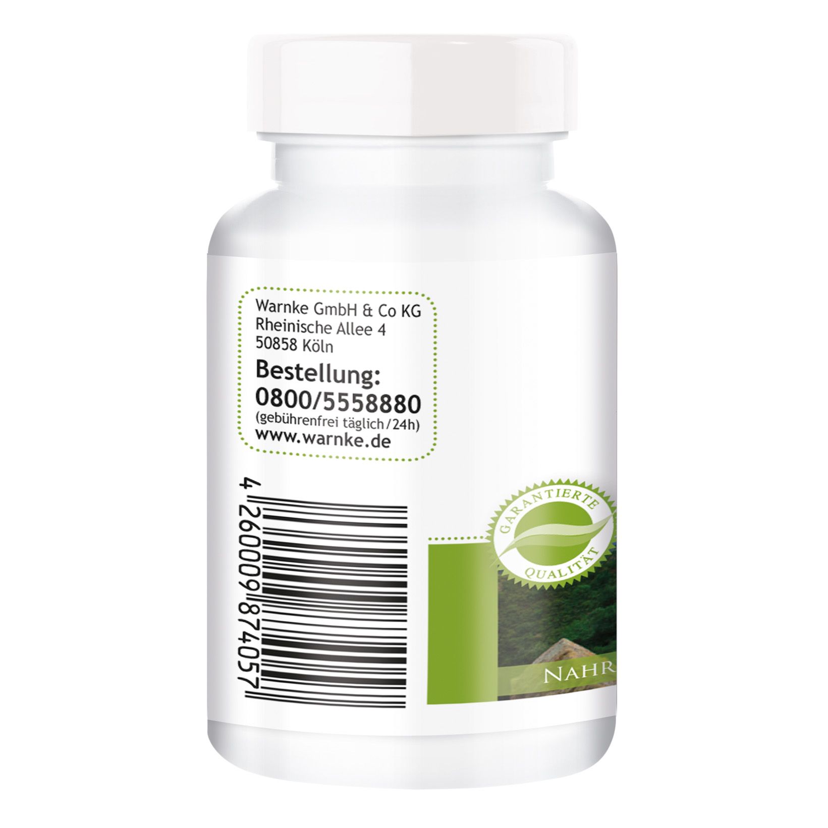 Rückseite einer weißen Flasche mit Kapseln. Barcode und Adresse. Qualitätszeichen und grüner Streifen.