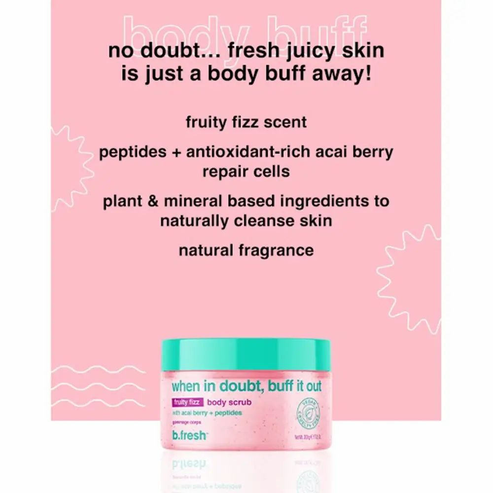 Produktverpackung mit Text: When in doubt, buff it out. Rosa Peeling, grüner Deckel. Text: fruity fizz, acai berry + peptides. Vegan.